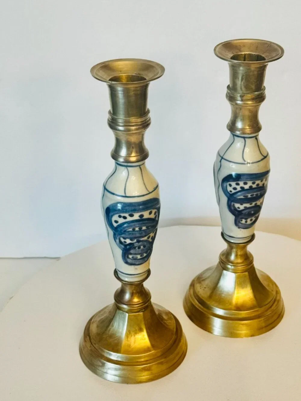 Pair Delft Vtg Blue White Ceramic Brass 9
